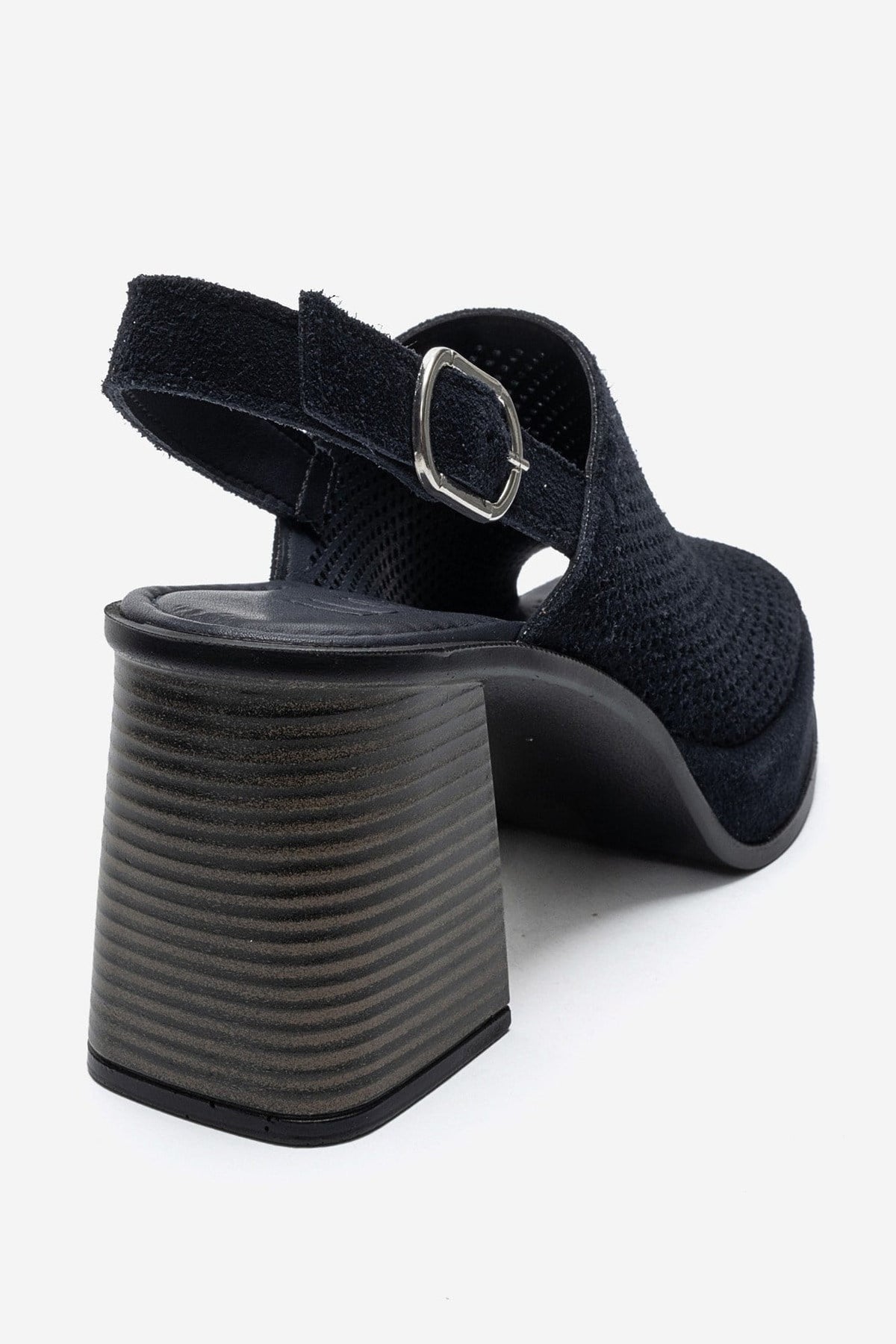 PENVIA - Navy Genuine Leather Platform Block Heel Sandal – back view showing leather, suede, Vowalisse