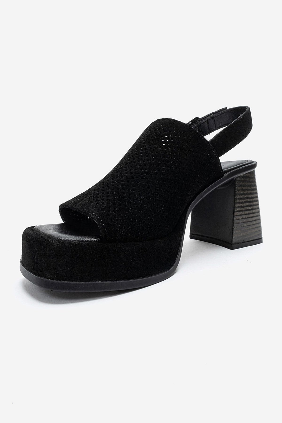 PENVIA - Black Genuine Leather Platform Block Heel Sandal – top view showing leather, suede, black, Vowalisse