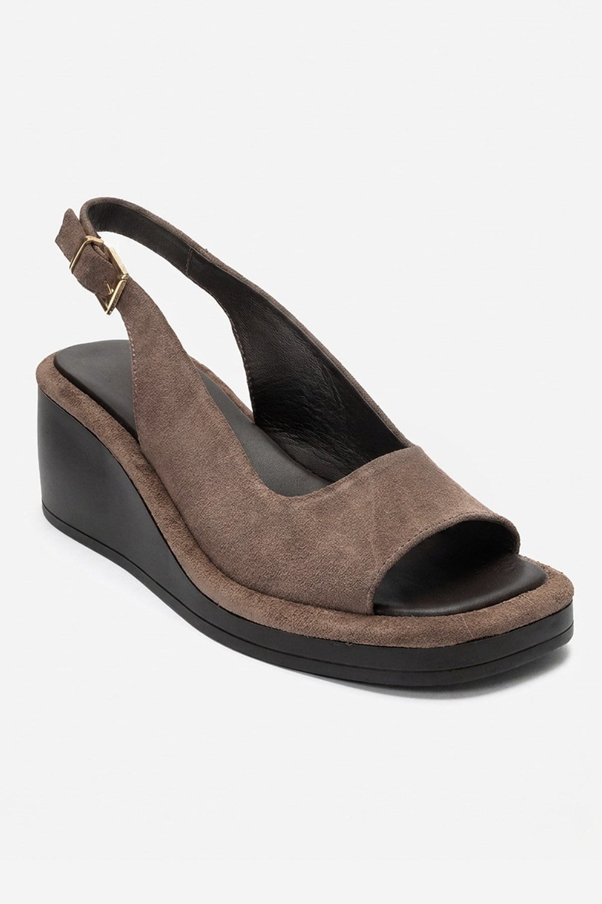 Orlena - Taupe Genuine Leather Platform Wedge Sandal – detail view showing leather, suede, Vowalisse