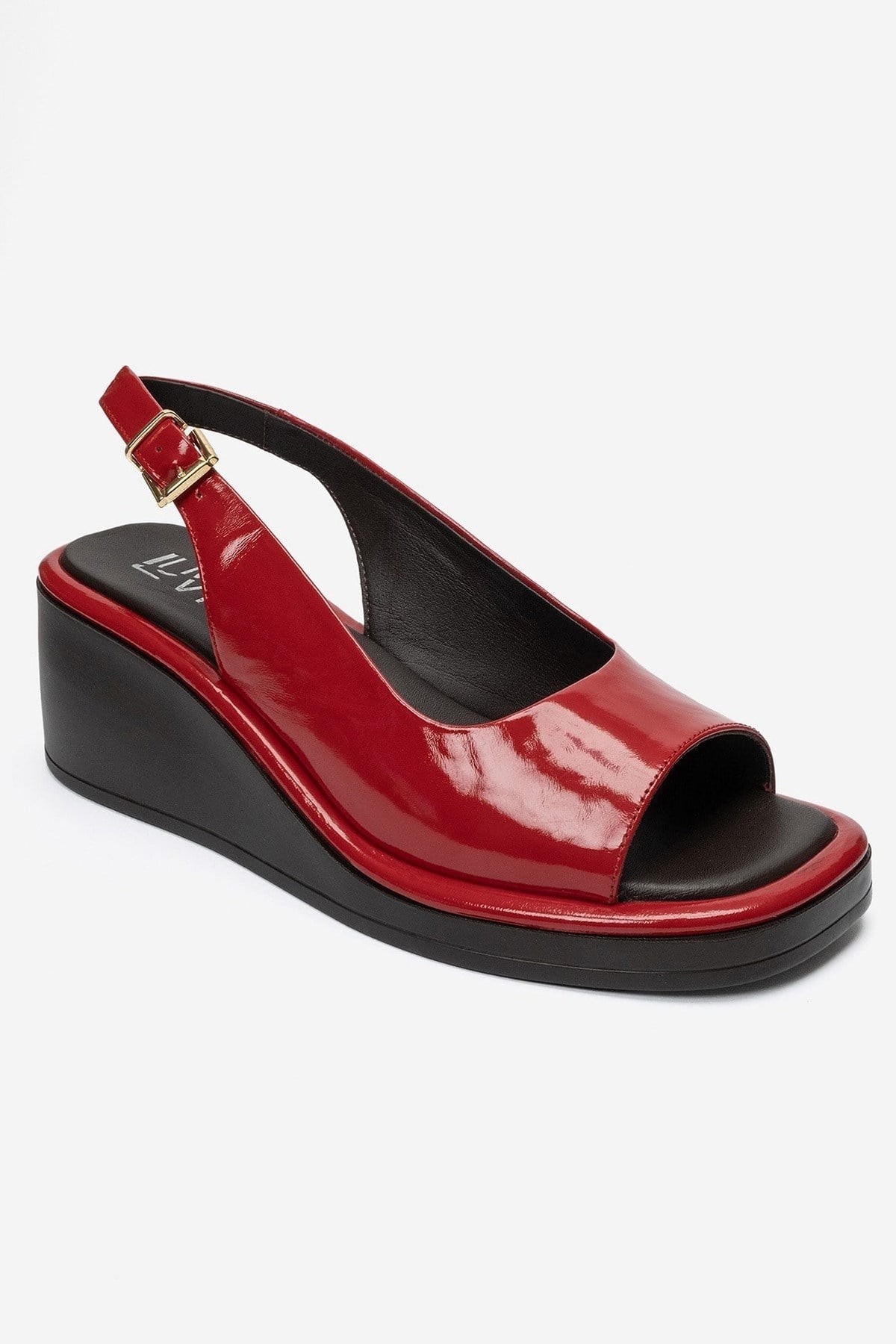 Orlena - Red Genuine Leather Platform Wedge Sandal – detail view showing leather, red, Vowalisse