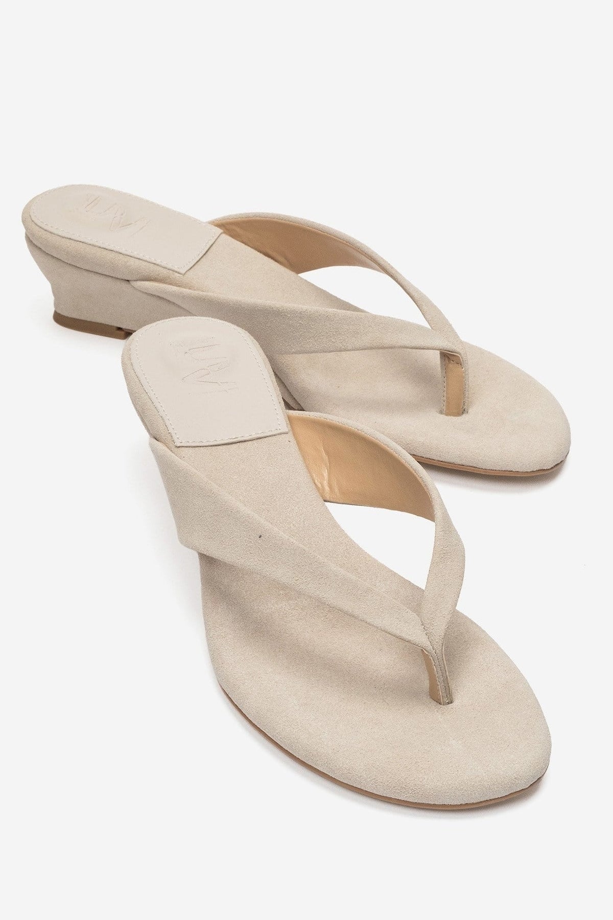 VANESSIA - Beige Suede Toe-Post Mini Block Heel Sandal – front three-quarter view showing leather, suede, Vowalisse