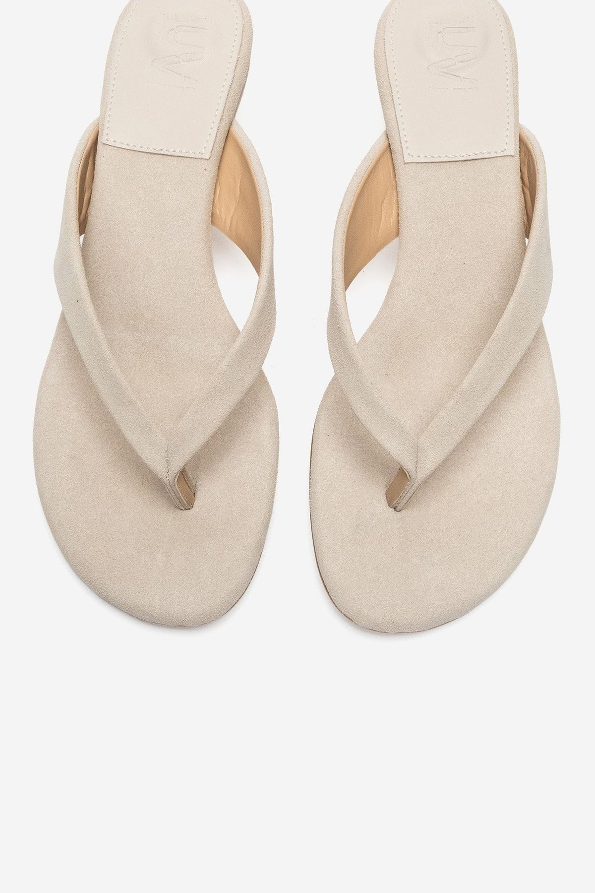 VANESSIA - Beige Suede Toe-Post Mini Block Heel Sandal – side view showing leather, suede, Vowalisse