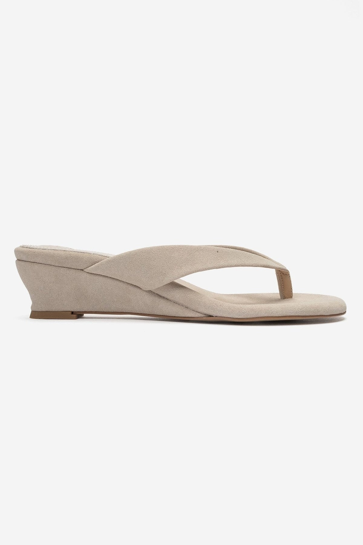 VANESSIA - Beige Suede Toe-Post Mini Block Heel Sandal – heel view showing leather, suede, Vowalisse