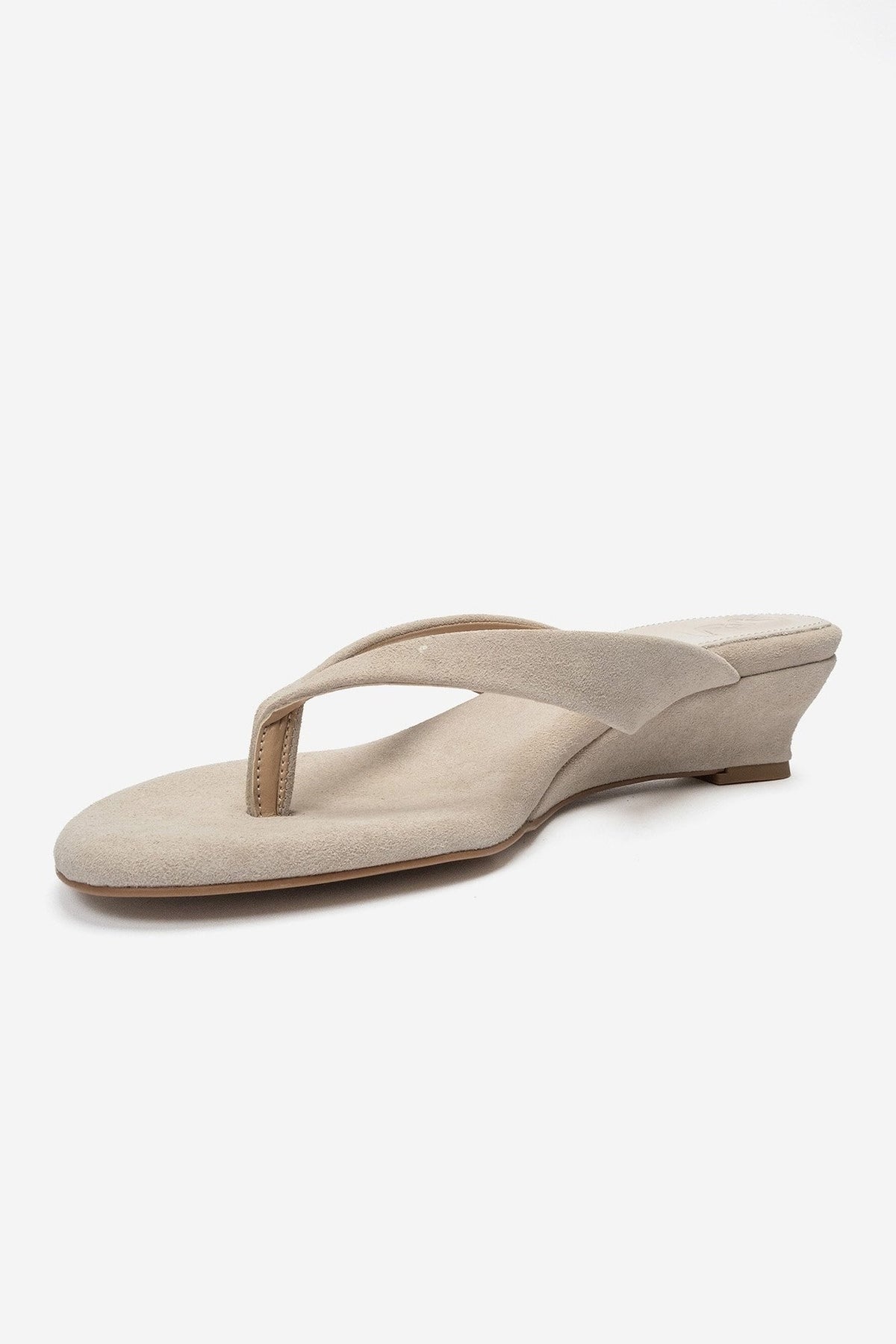 VANESSIA - Beige Suede Toe-Post Mini Block Heel Sandal – top view showing leather, suede, Vowalisse