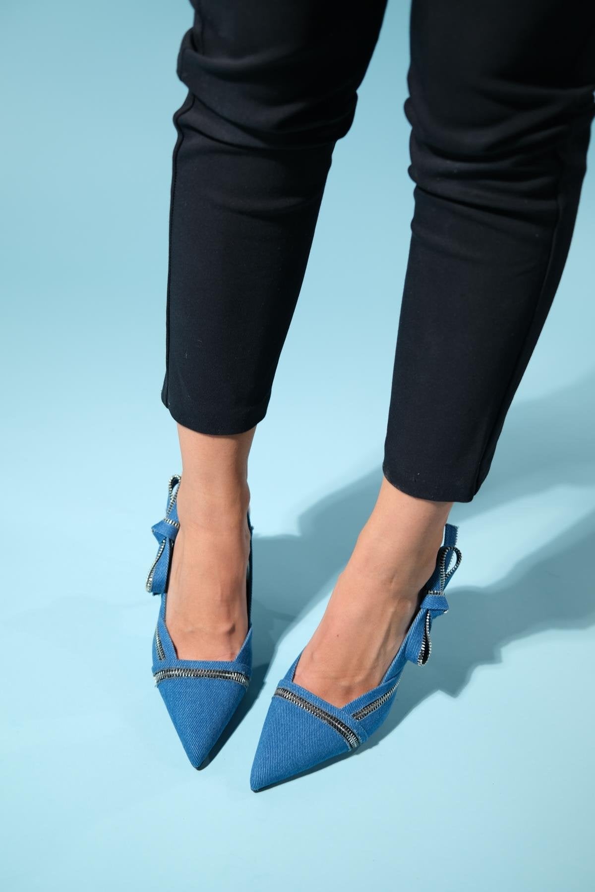 Glen - Denim Blue Zipper-Detail High Heel Shoe – side view showing leather, blue, Vowalisse
