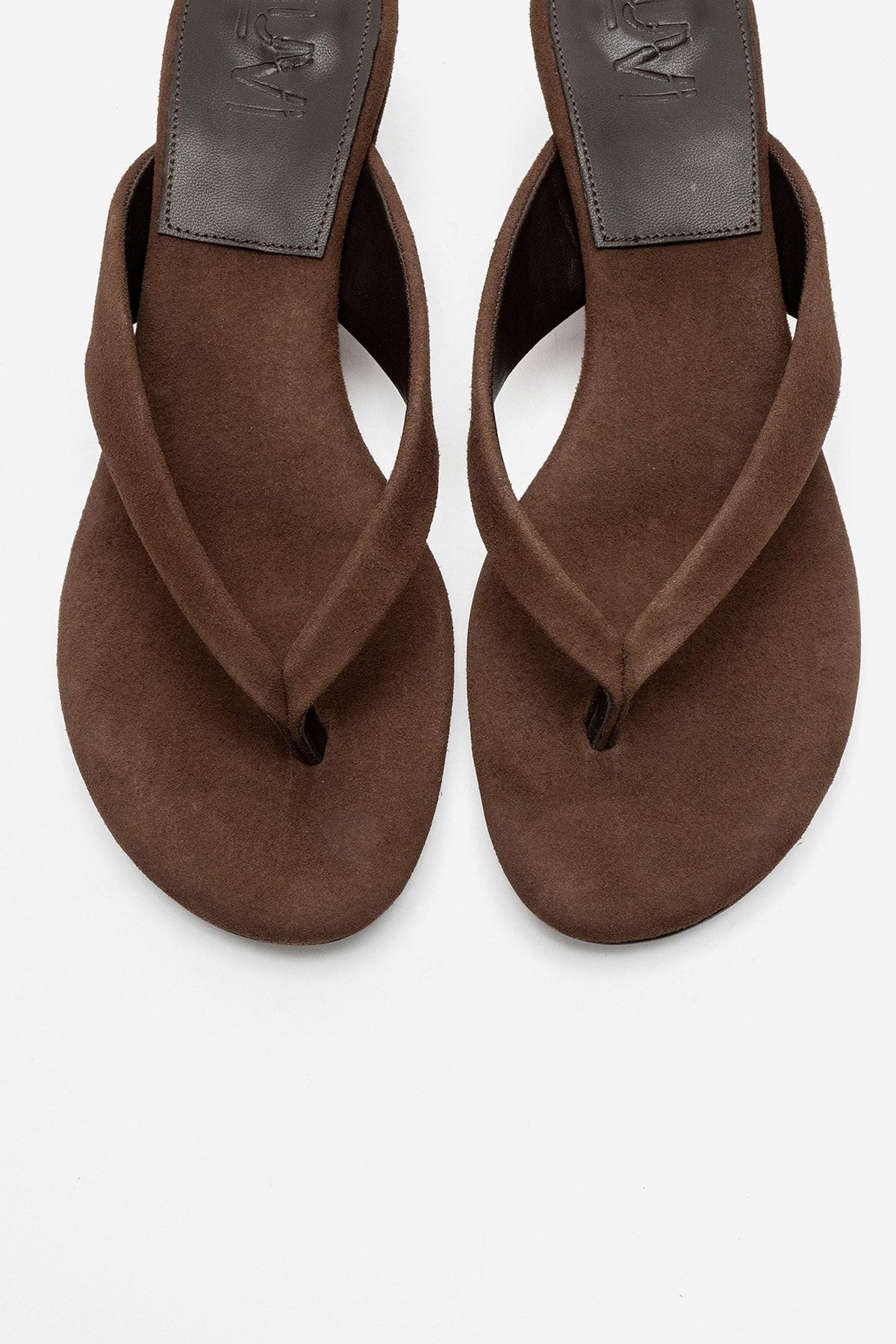 VANESSIA - Cognac Suede Toe-Post Mini Block Heel Sandal – side view showing leather, suede, Vowalisse