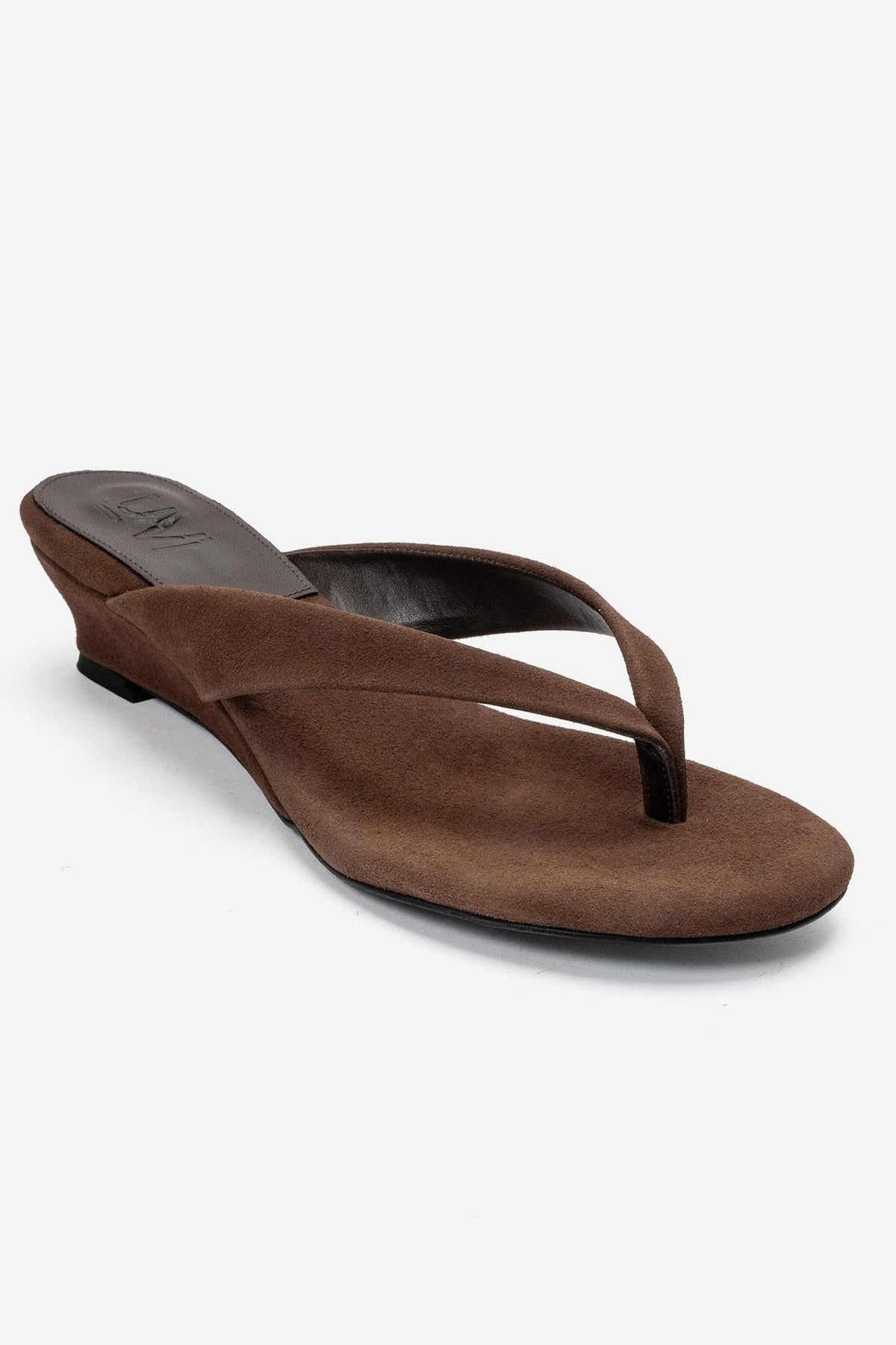 VANESSIA - Cognac Suede Toe-Post Mini Block Heel Sandal – detail view showing leather, suede, Vowalisse