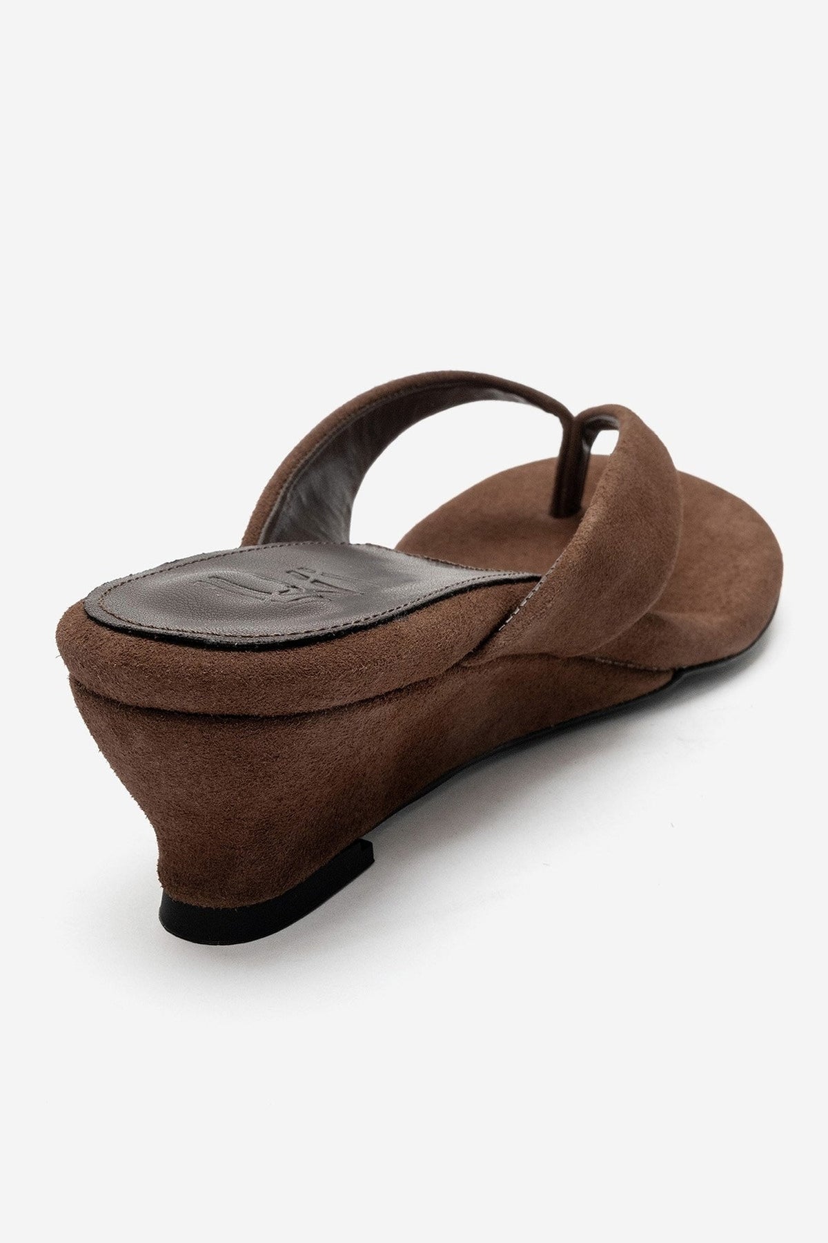 VANESSIA - Cognac Suede Toe-Post Mini Block Heel Sandal – back view showing leather, suede, Vowalisse
