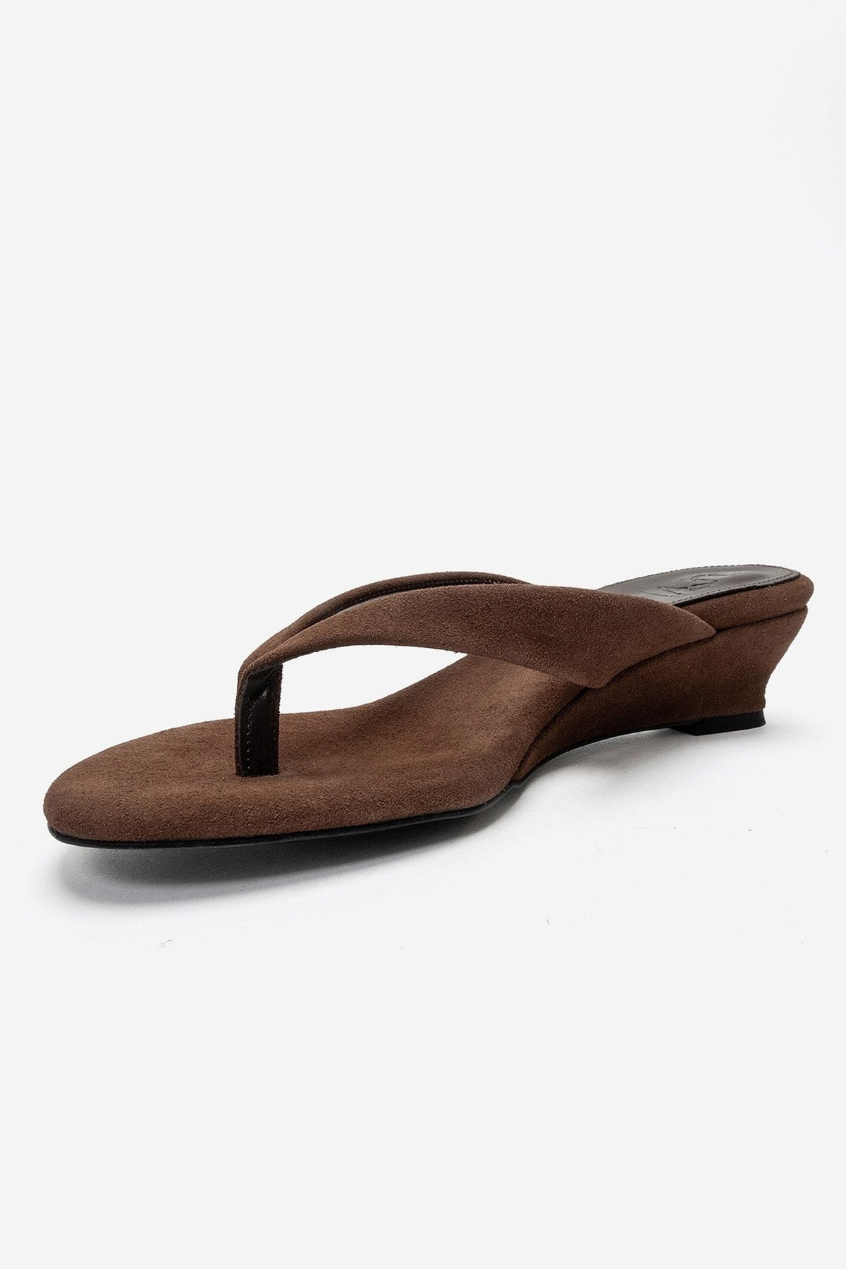 VANESSIA - Cognac Suede Toe-Post Mini Block Heel Sandal – top view showing leather, suede, Vowalisse
