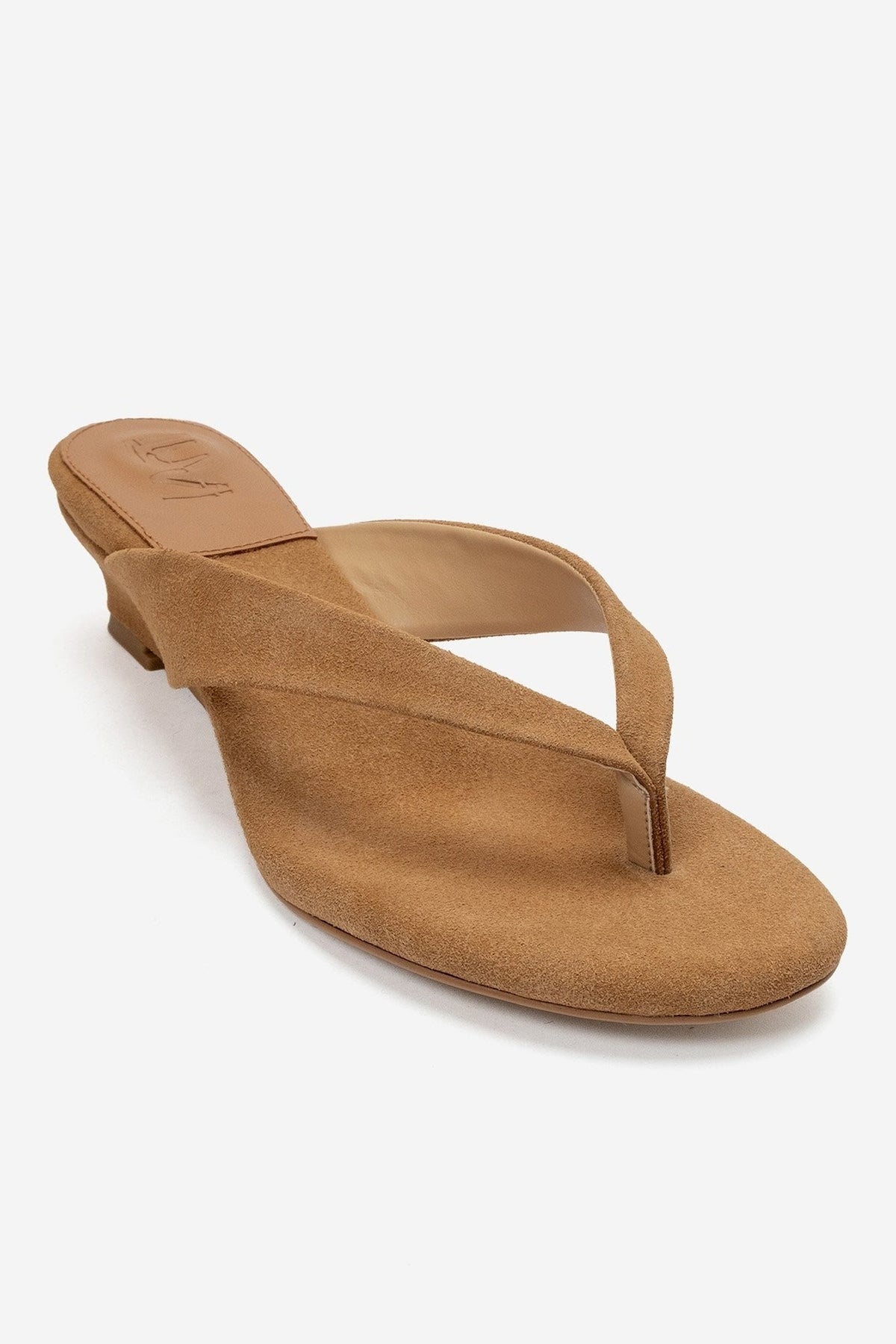 VANESSIA - Taupe Suede Toe-Post Mini Block Heel Sandal – detail view showing leather, suede, Vowalisse