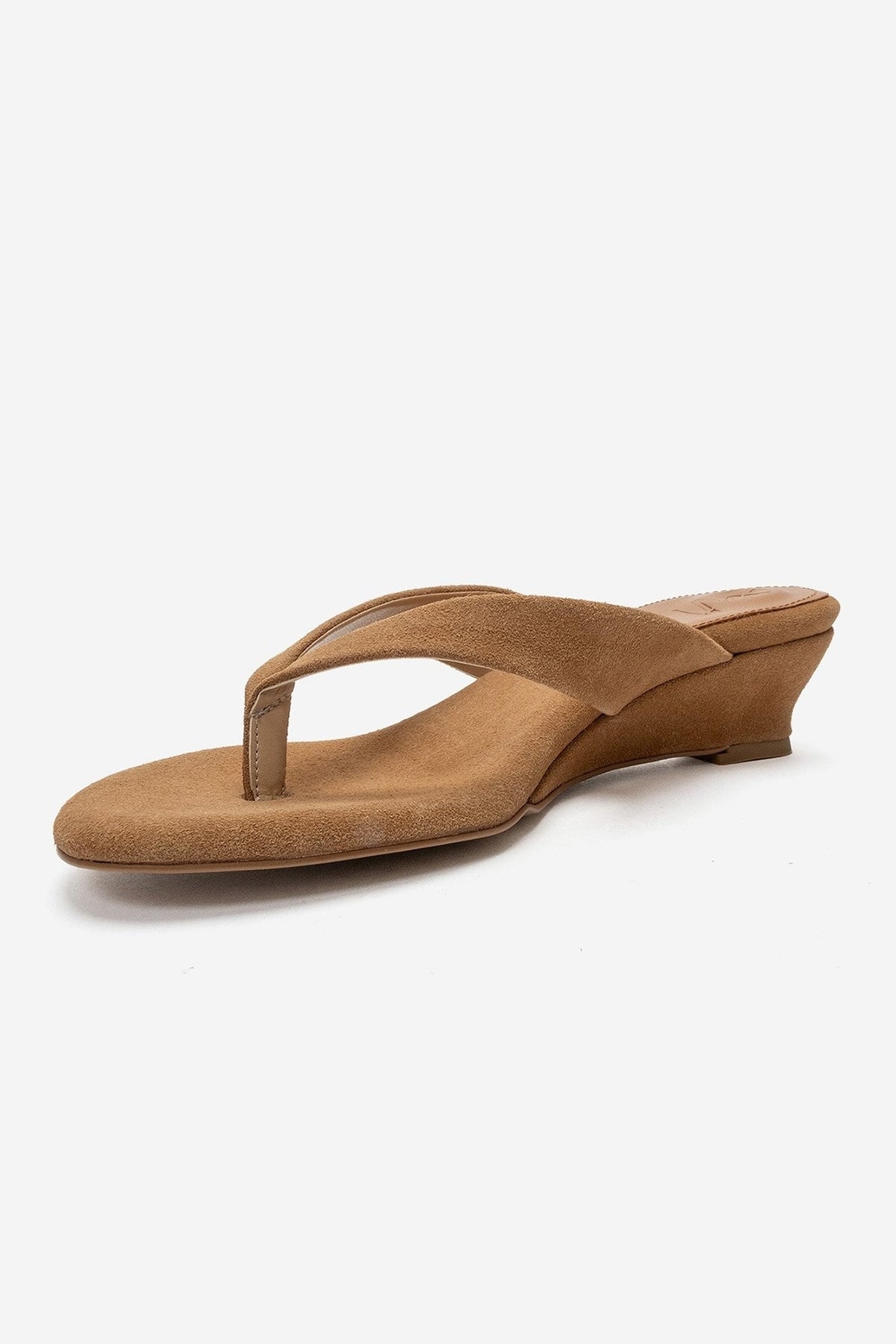 VANESSIA - Taupe Suede Toe-Post Mini Block Heel Sandal – top view showing leather, suede, Vowalisse