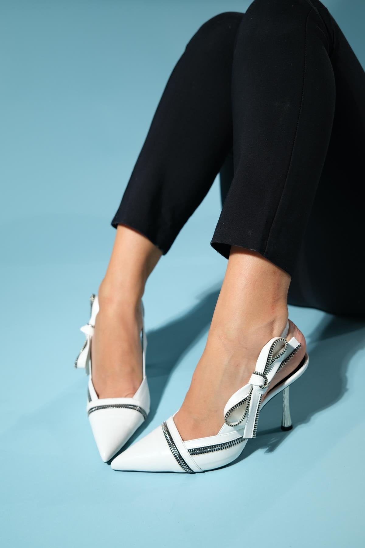 Glen - White Zipper-Detail High Heel Shoe – back view showing leather, white, Vowalisse