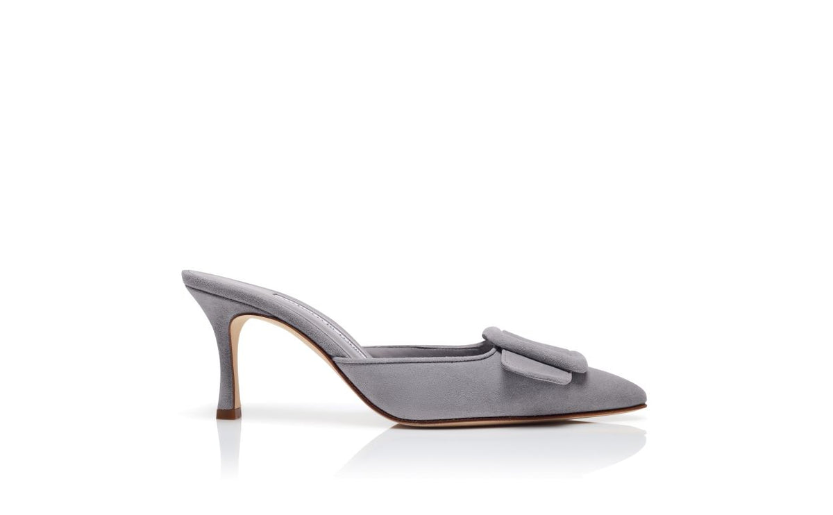 Lucienne Halo Grey Almond Toe Mules – side profile showing grey almond toe, suede, Vowalisse