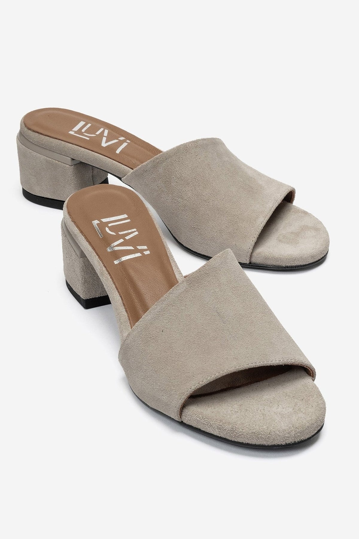 DELAVIE - Beige Genuine Leather Block Heel Mule – front three-quarter view showing leather, suede, Vowalisse