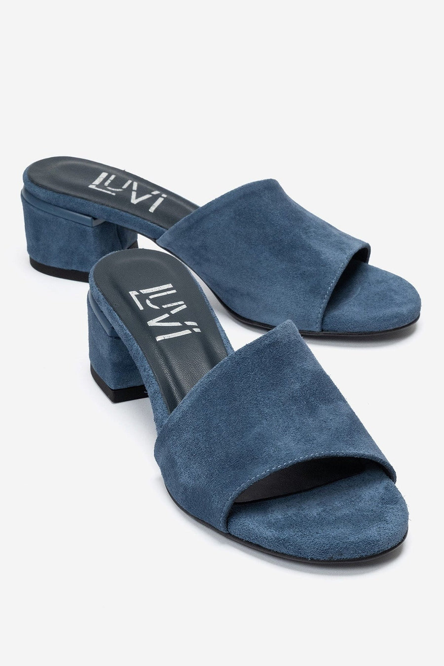DELAVIE - Navy Genuine Leather Block Heel Mule