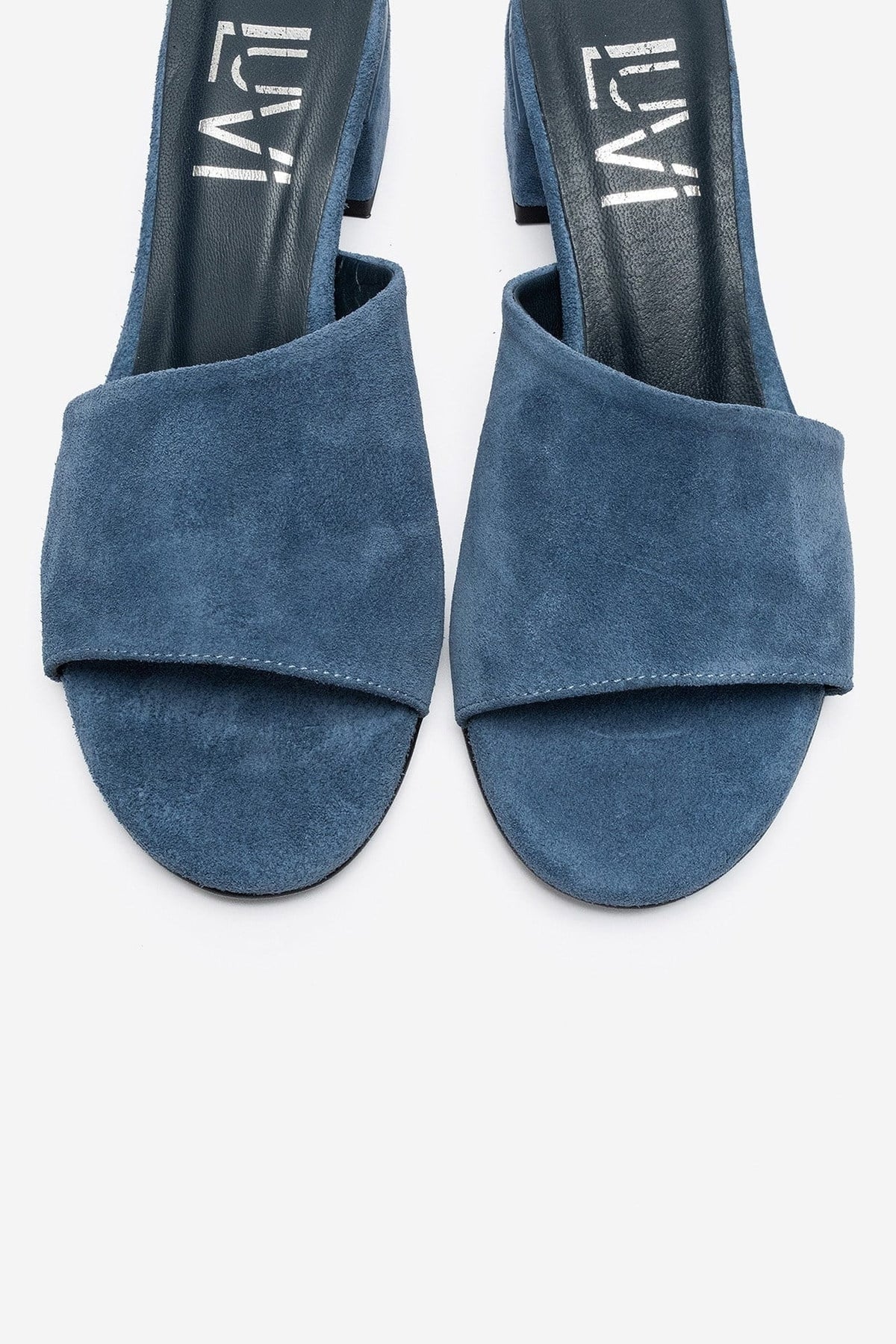 DELAVIE - Navy Genuine Leather Block Heel Mule – side view showing leather, suede, Vowalisse