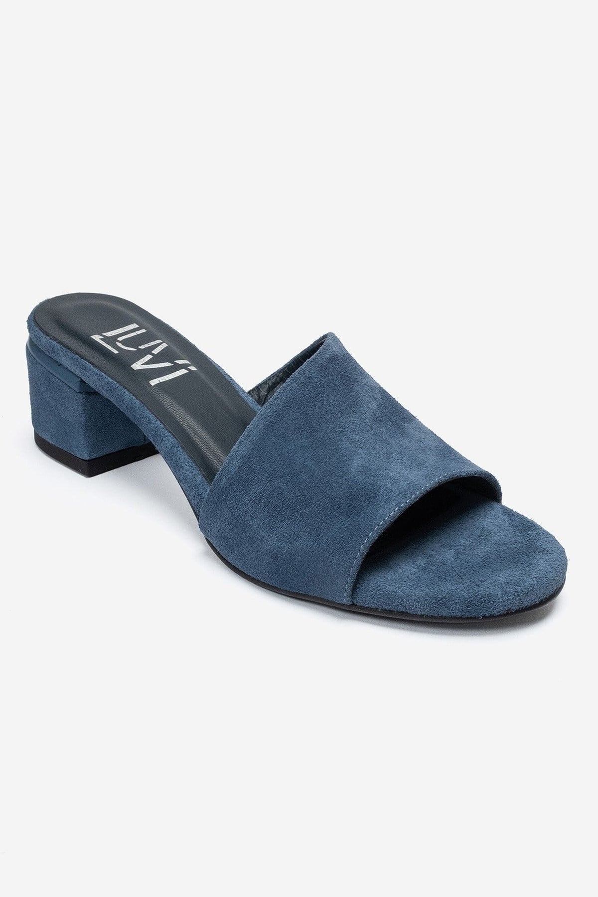 DELAVIE - Navy Genuine Leather Block Heel Mule – detail view showing leather, suede, Vowalisse