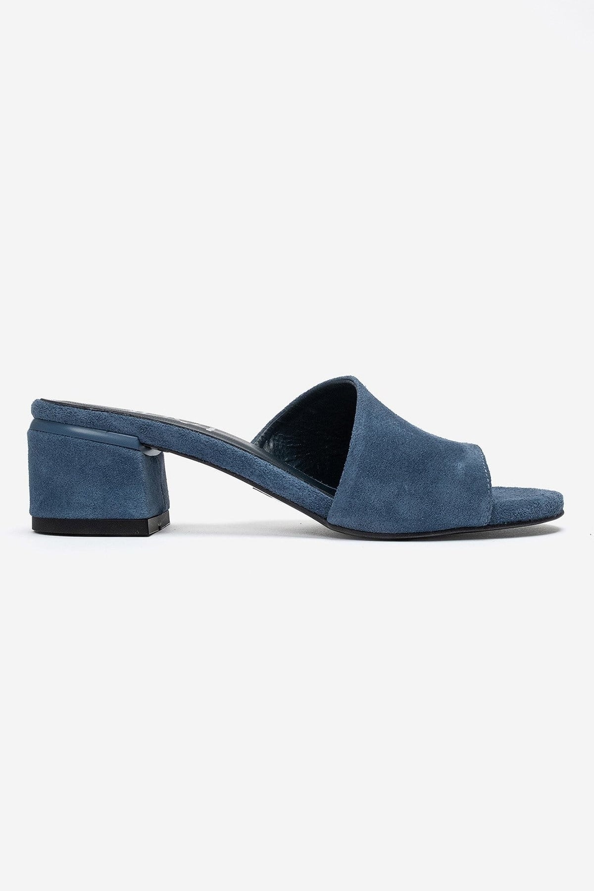 DELAVIE - Navy Genuine Leather Block Heel Mule – heel view showing leather, suede, Vowalisse