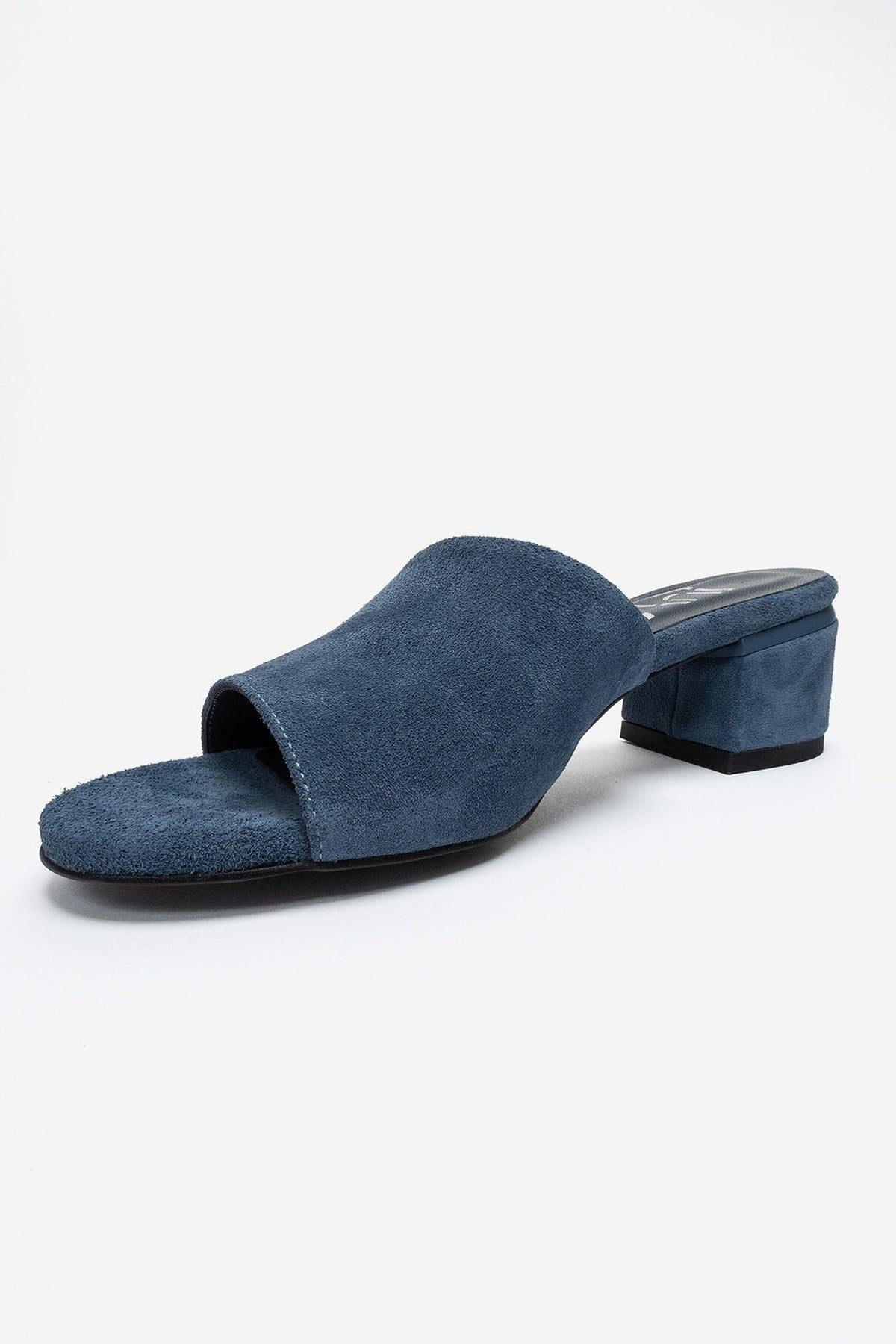 DELAVIE - Navy Genuine Leather Block Heel Mule – top view showing leather, suede, Vowalisse