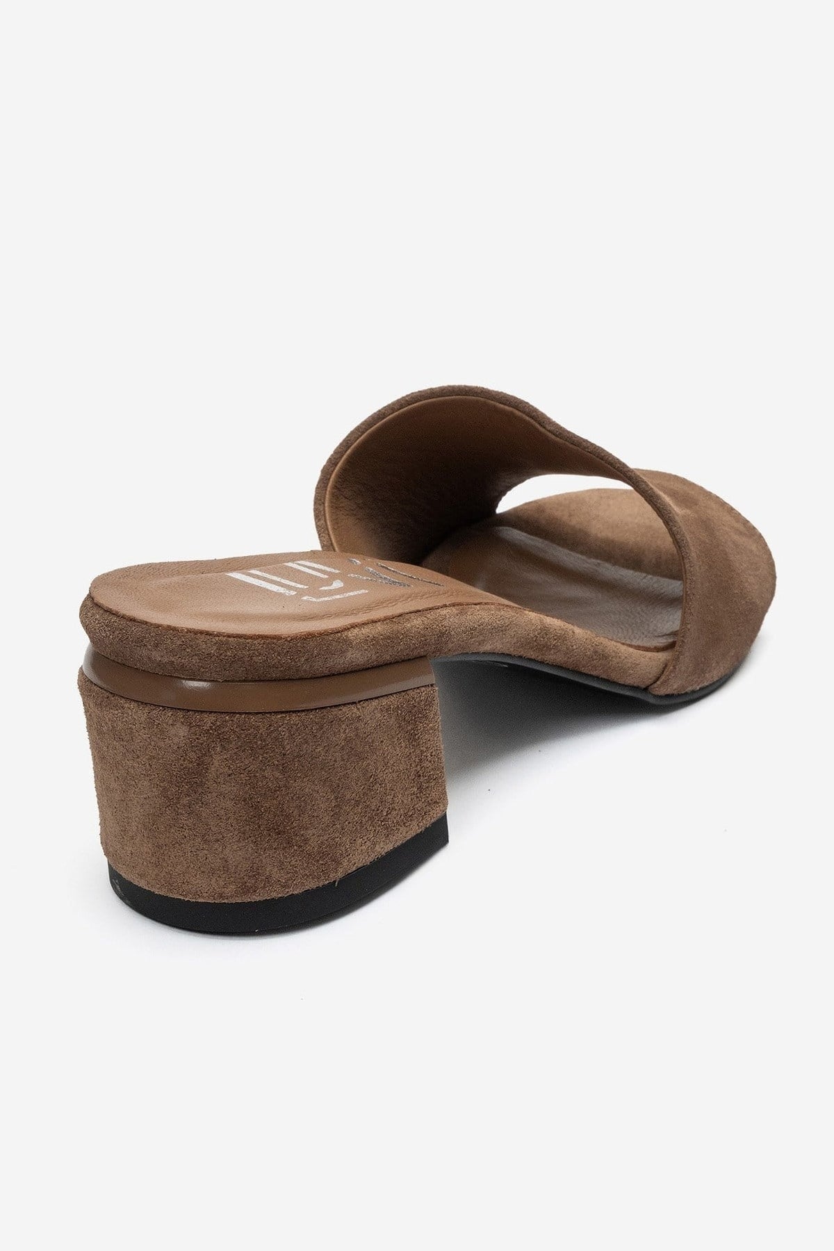DELAVIE - Taupe Genuine Leather Block Heel Mule – back view showing leather, suede, Vowalisse