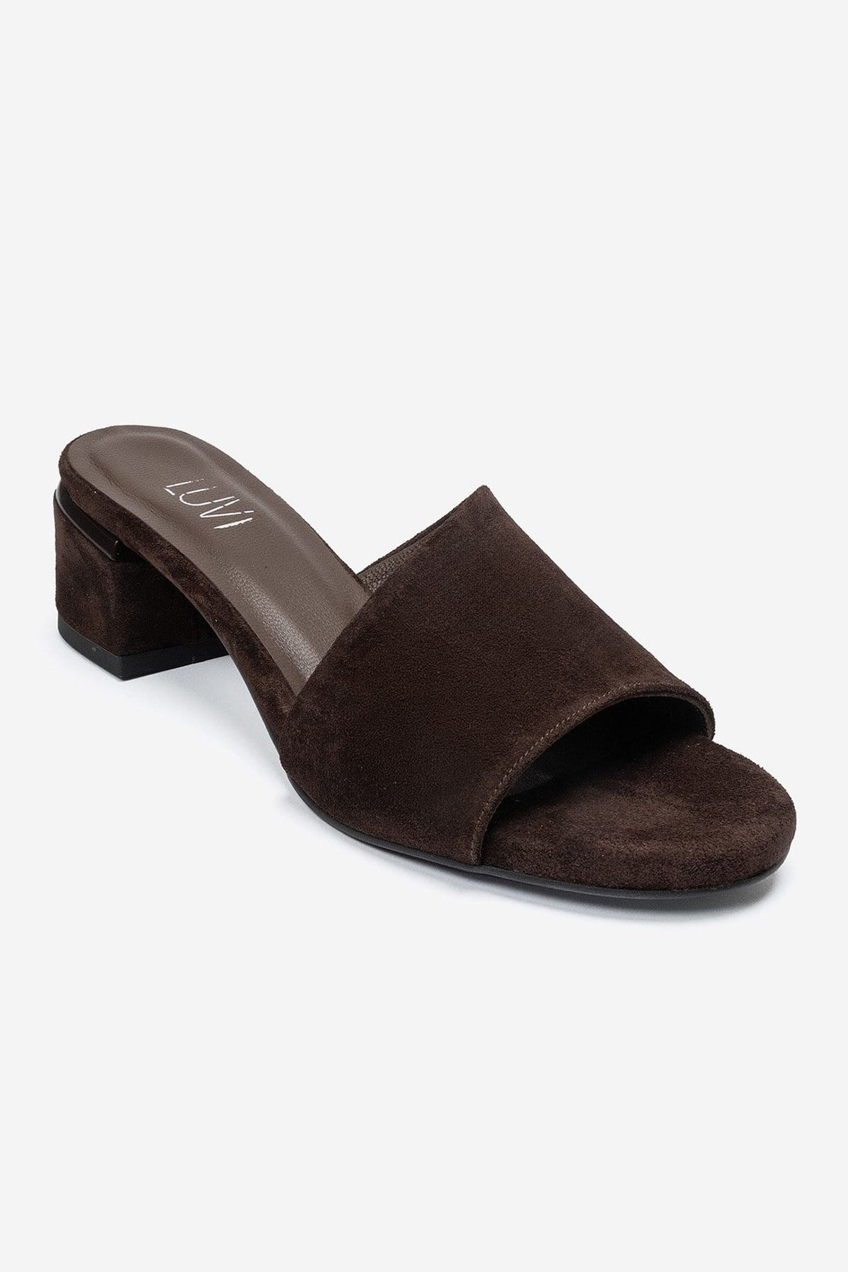DELAVIE - Cognac Genuine Leather Block Heel Mule – detail view showing leather, suede, Vowalisse