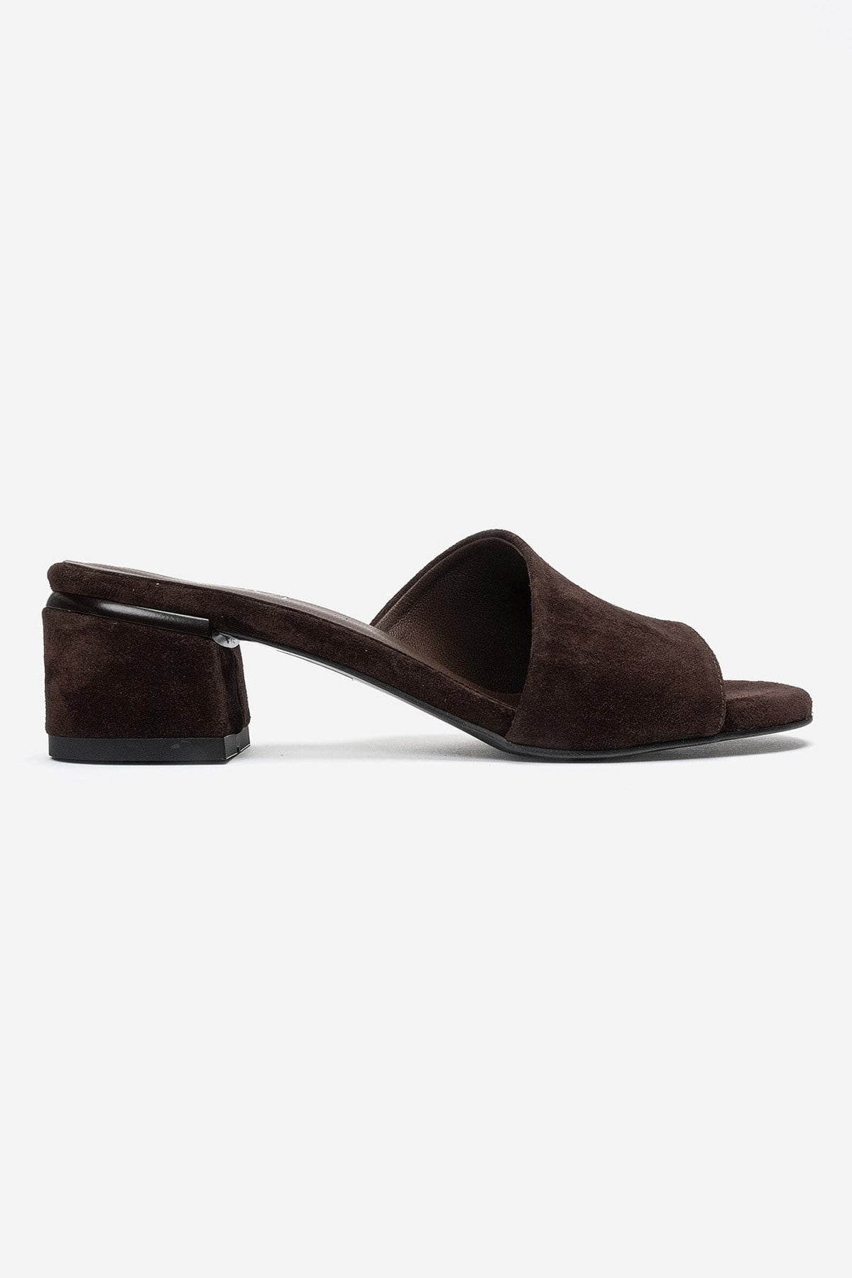 DELAVIE - Cognac Genuine Leather Block Heel Mule – heel view showing leather, suede, Vowalisse