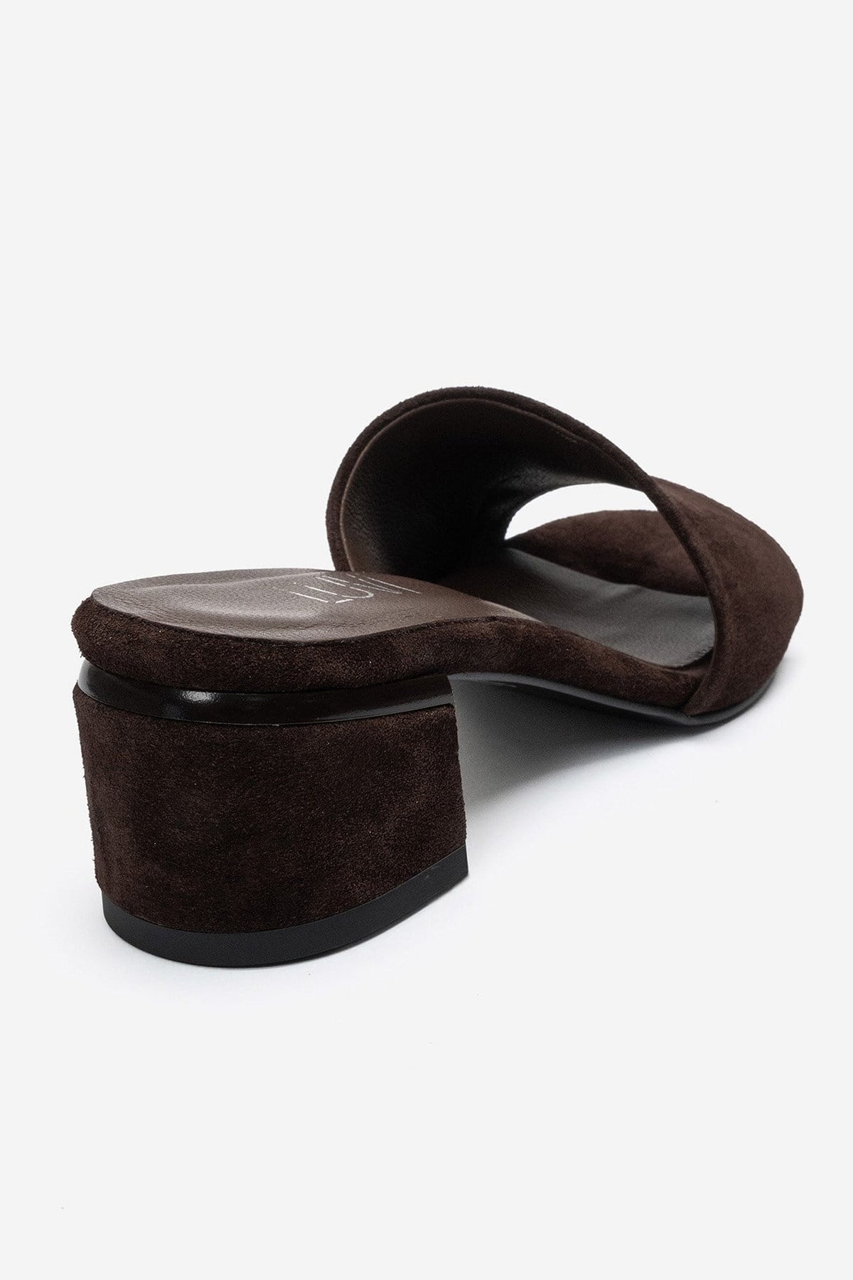 DELAVIE - Cognac Genuine Leather Block Heel Mule – back view showing leather, suede, Vowalisse