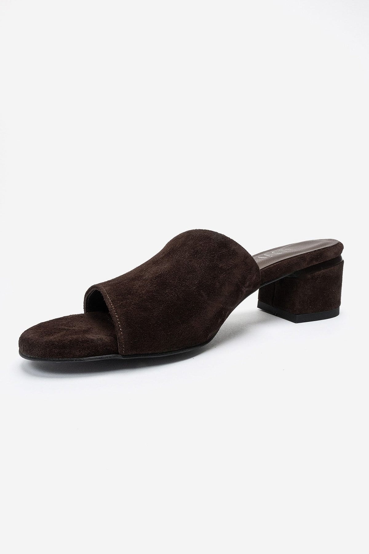 DELAVIE - Cognac Genuine Leather Block Heel Mule – top view showing leather, suede, Vowalisse