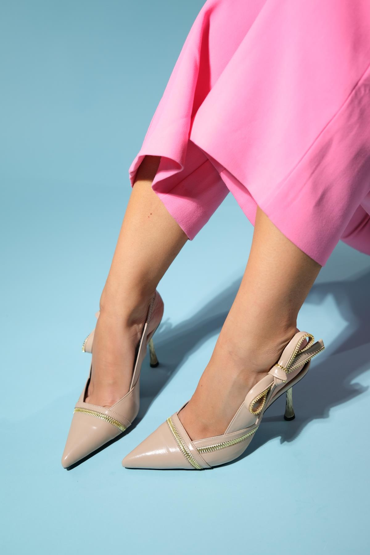 Glen - Beige Zipper-Detail High Heel Shoe – side view showing leather, Vowalisse