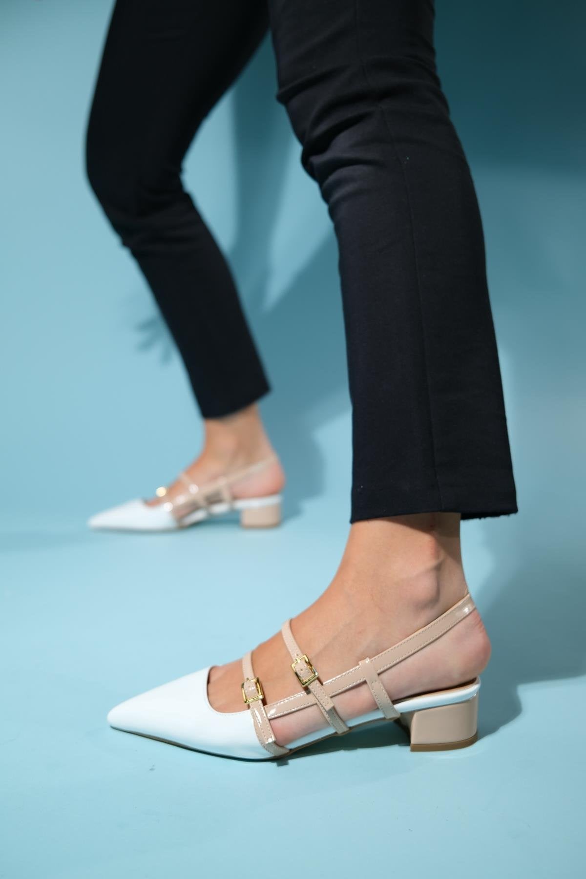 Cenova - White-Beige Patent Heeled Sandal – side view showing leather, white, Vowalisse
