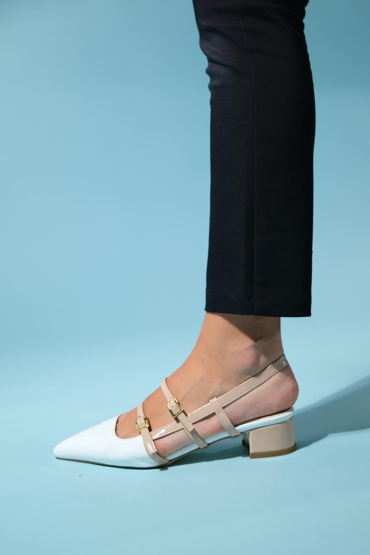Cenova - White-Beige Patent Heeled Sandal – top view showing leather, white, Vowalisse