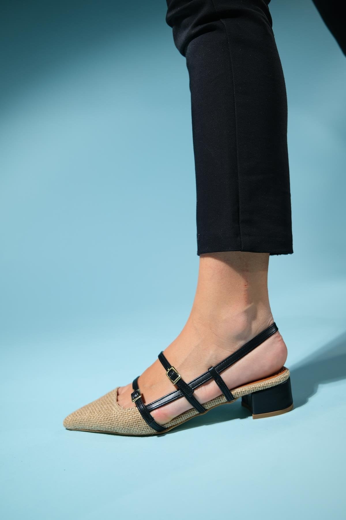 Cenova - Black Woven Heeled Sandal – back view showing leather, black, Vowalisse