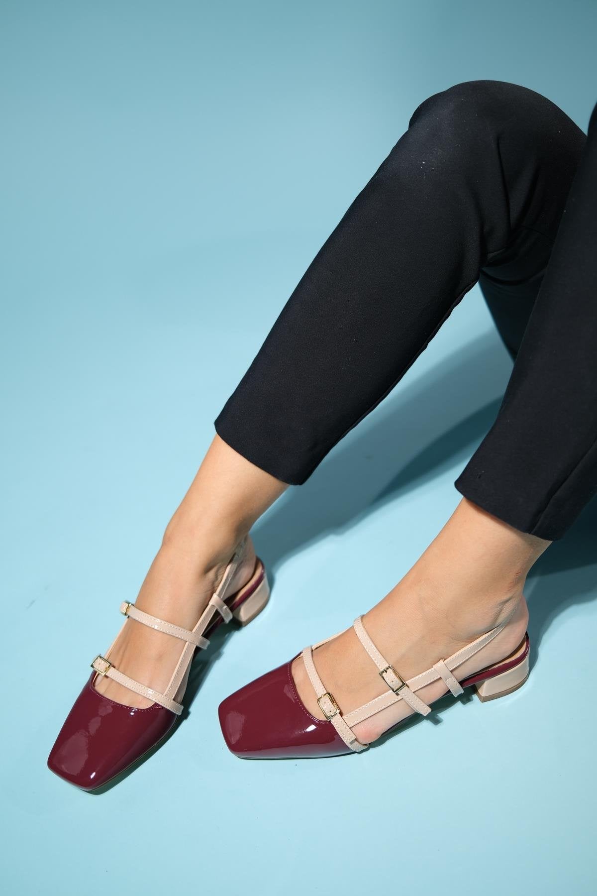 Lasy - Burgundy-Beige Patent Heeled Sandal – front three-quarter view showing leather, Vowalisse
