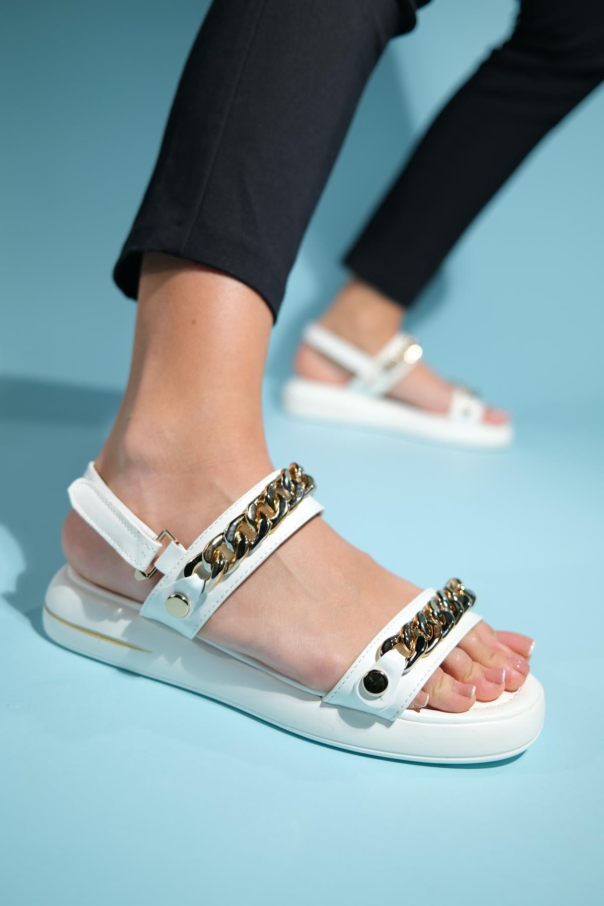 Loket - White Chain-Detail Sandal – sole view showing leather, white, Vowalisse