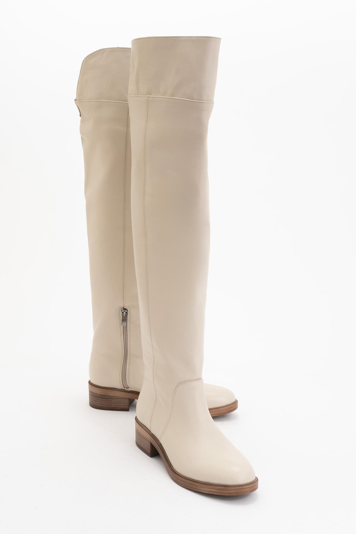Petya - Cream Genuine Leather Over-The-Knee Boot – front three-quarter view showing leather, Vowalisse