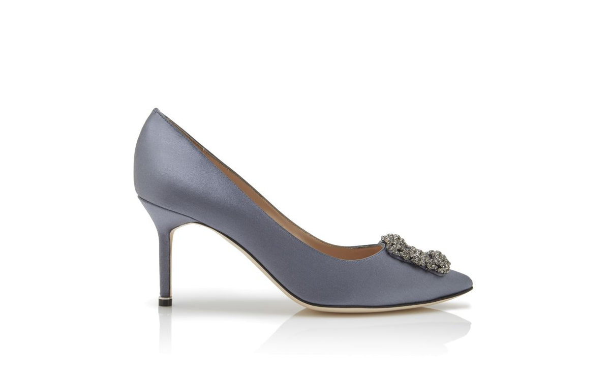 Colette Bloom Blue Jewel Buckle Pumps – side profile showing blue jewel buckle, crystal buckle, almond toe, satin…