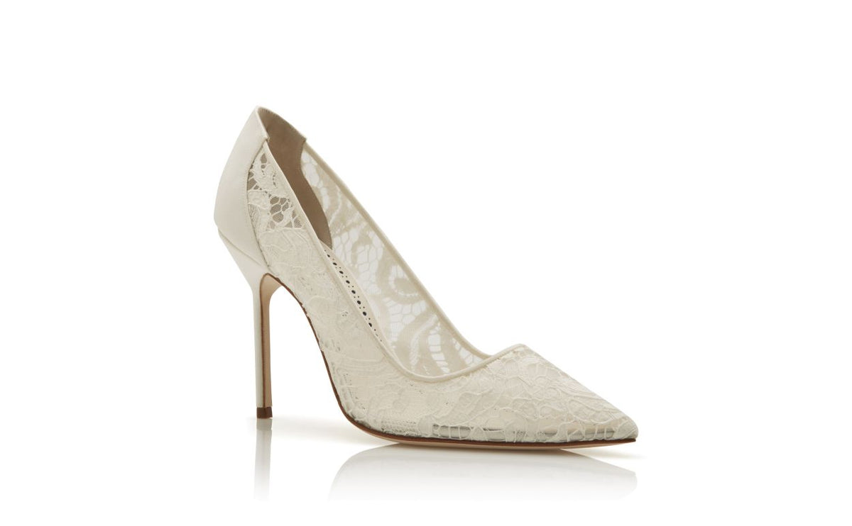 Colette Belle White Pointed Toe Pumps – top view showing white pointed toe, satin, lace, Vowalisse