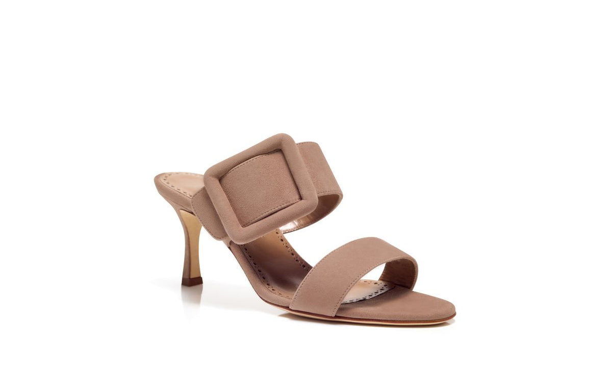 Genevieve Grace Neutral Open Toe Mules – top view showing neutral open toe, suede, Vowalisse