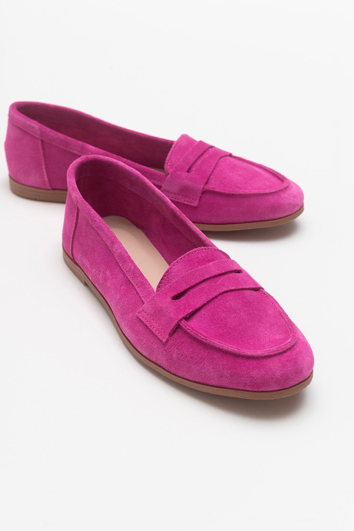 Dorothy - Fuchsia Suede Leather Loafers – front three-quarter view showing leather, suede, Vowalisse