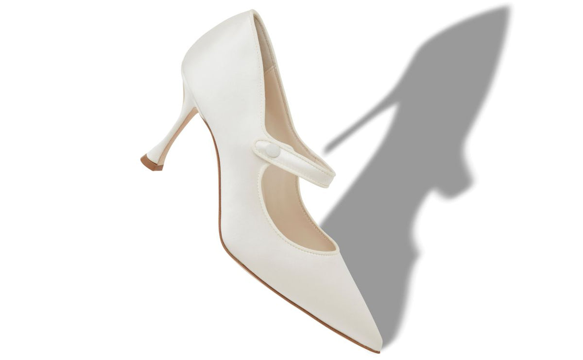 Isadora Dawn White Pointed Toe Mary Jane Shoes – front three-quarter view showing white pointed toe, satin, Vowalisse
