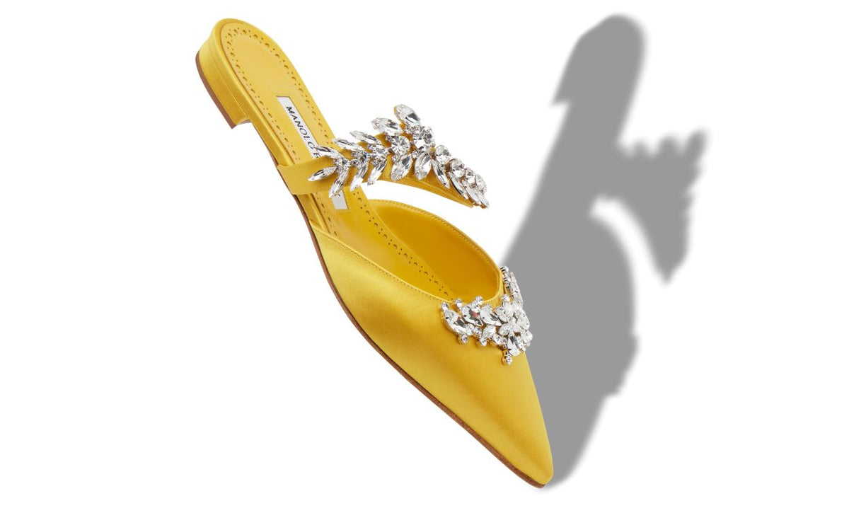 Fiorella Grace Yellow Crystal Embellished Mules – front three-quarter view showing yellow crystal embellished, satin…