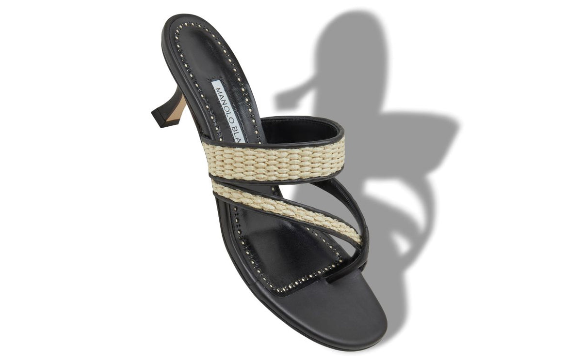 Rosalie Grace Black Crossover Mules – front three-quarter view showing black crossover, open toe, nappa leather, raffia…