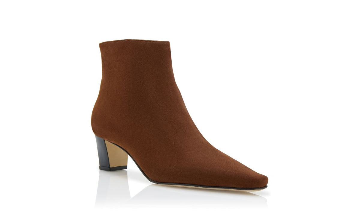 Bianca Shine Brown Almond Toe Ankle Boots – top view showing brown almond toe, suede, Vowalisse