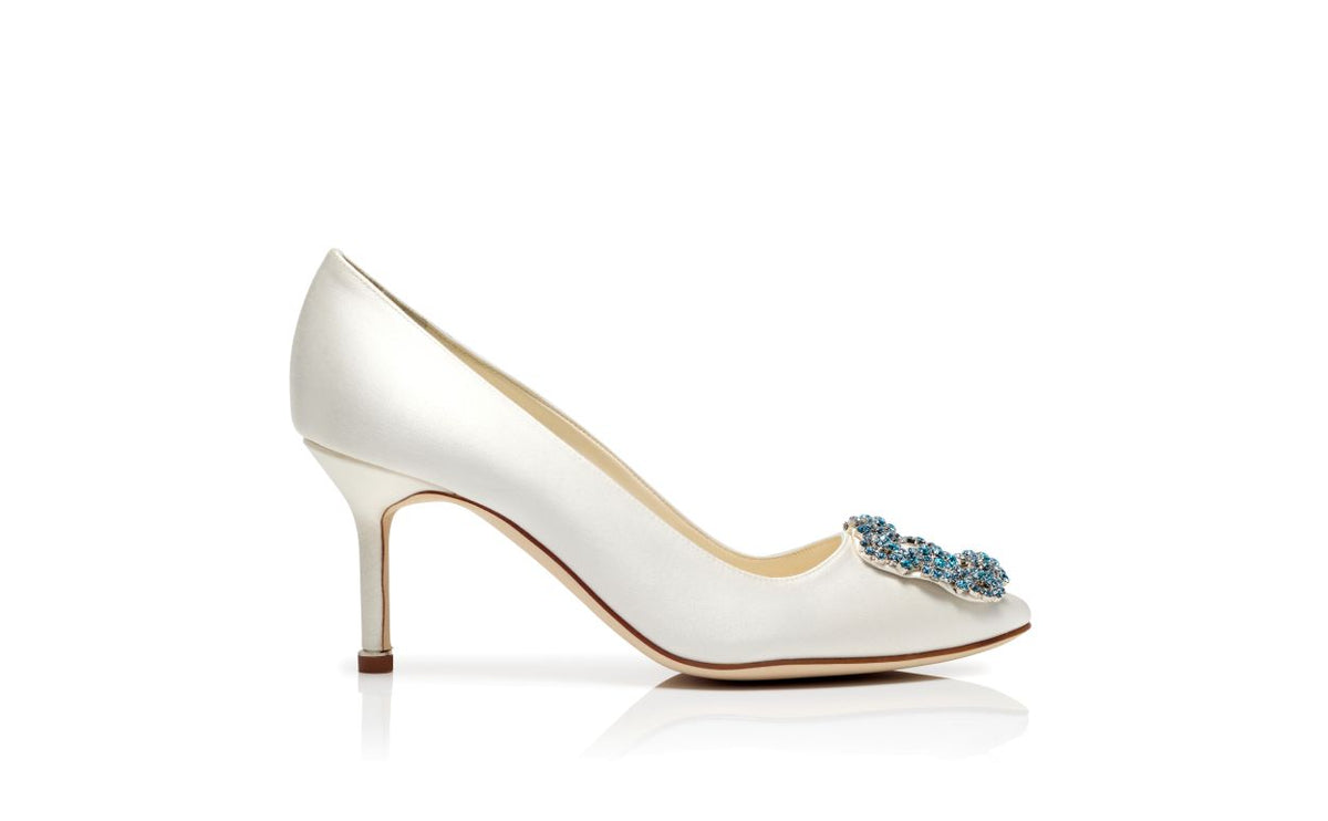 Magnolia Crown White Jewel Buckle Pumps – side profile showing white jewel buckle, crystal buckle, almond toe, satin…