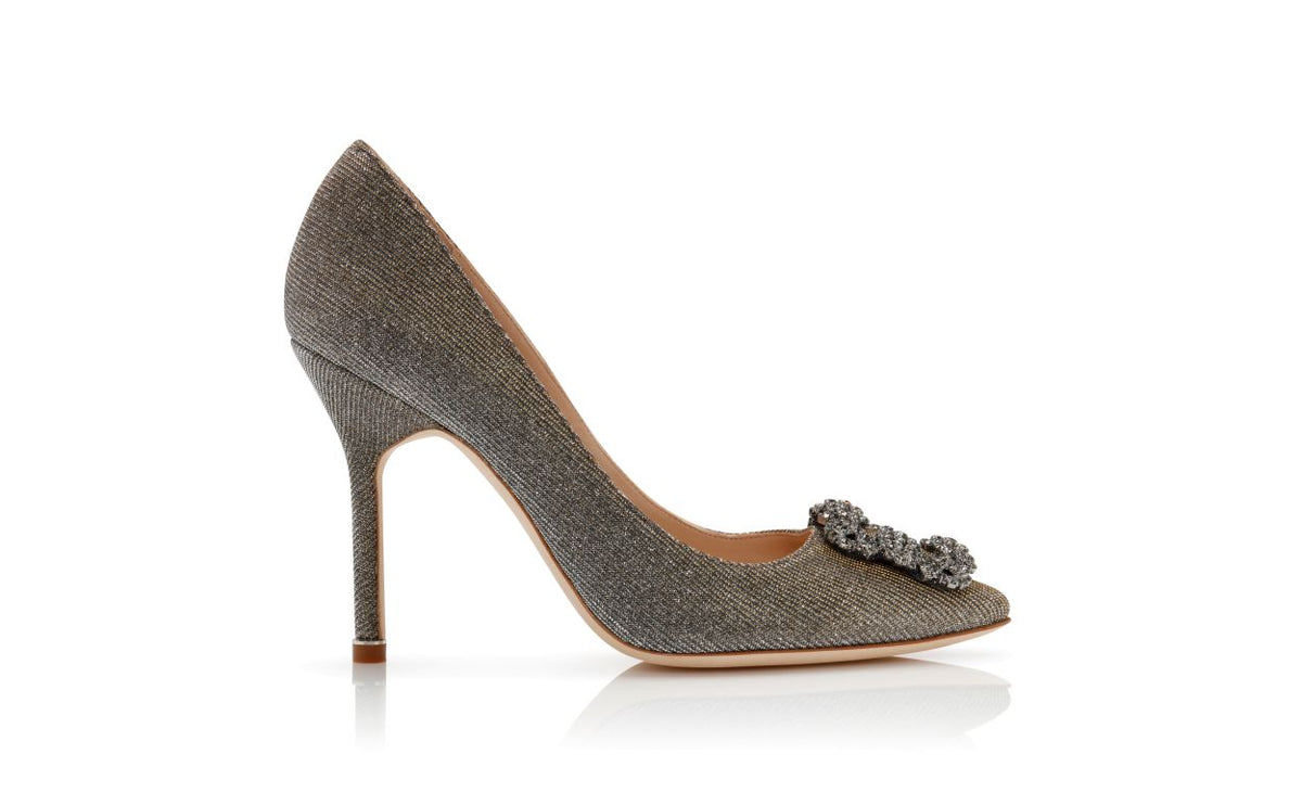 Isadora Crown Gold Jewel Buckle Pumps – side profile showing gold jewel buckle, crystal buckle, almond toe, Vowalisse