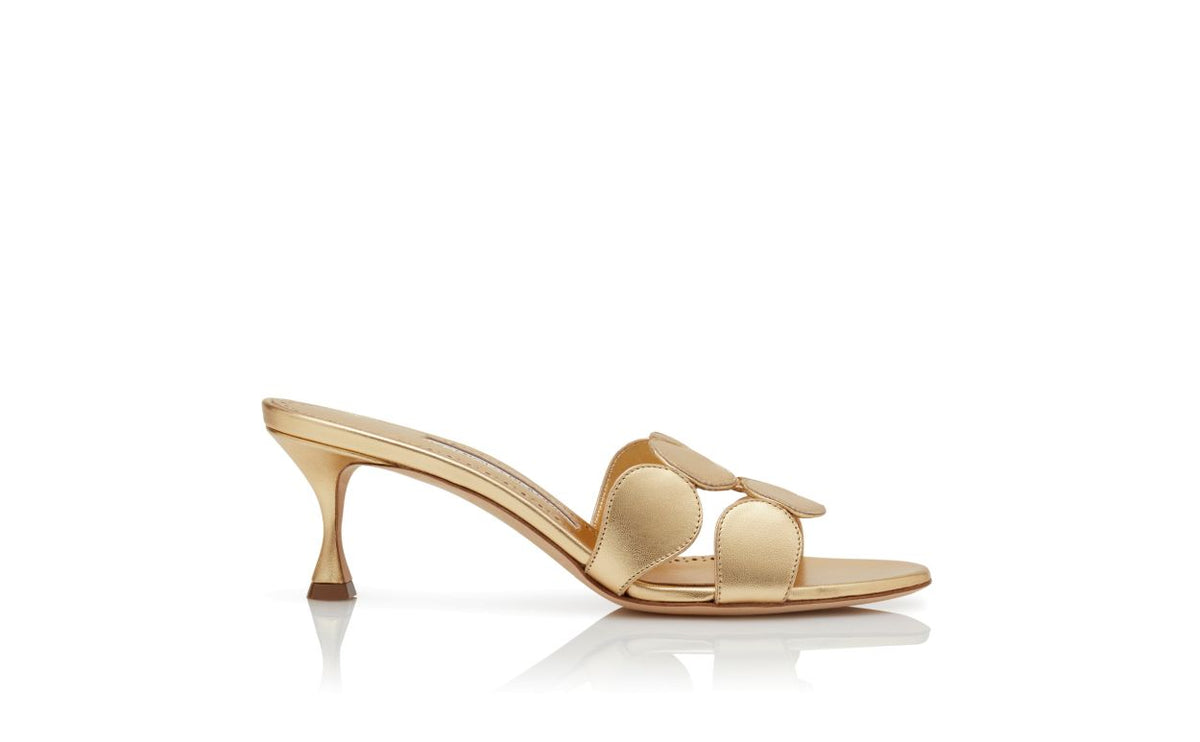 Cressida Élan Gold Open Toe Mules – side profile showing gold open toe, nappa leather, Vowalisse