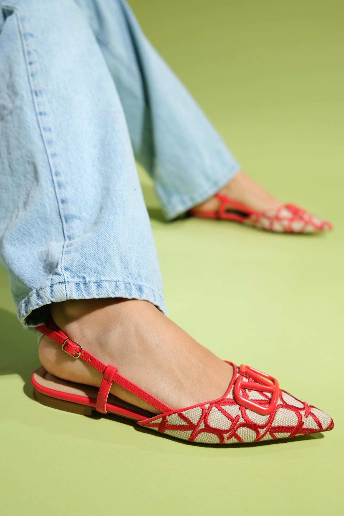 Pelops - Red Backless Pointed Toe Ballet Flat – front three-quarter view showing leather, red, Vowalisse