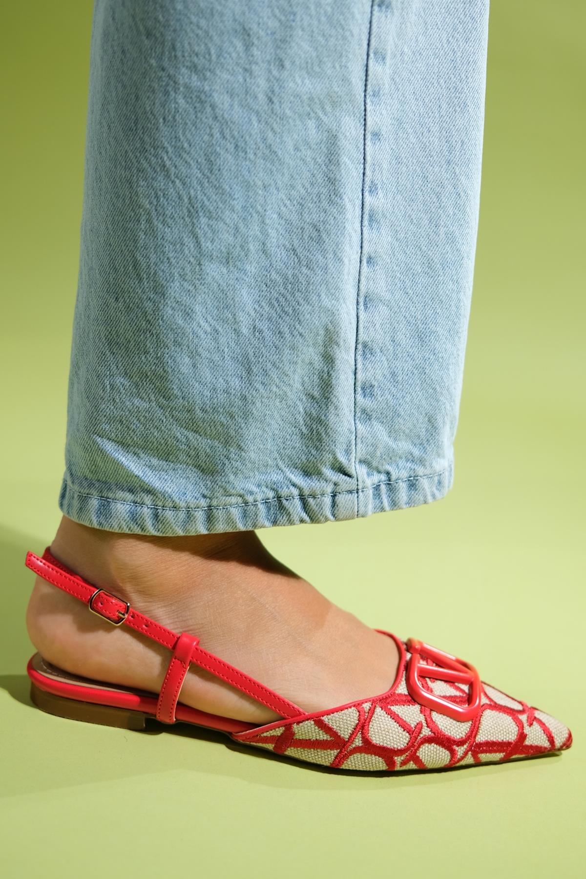 Pelops - Red Backless Pointed Toe Ballet Flat – back view showing leather, red, Vowalisse