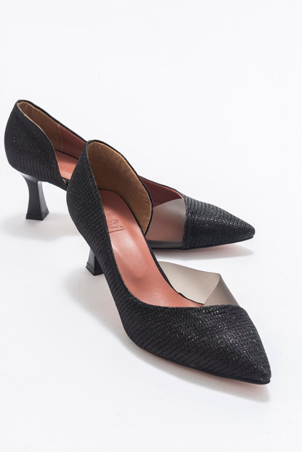 Vera Black Glitter Pointed Toe Pump – front three-quarter view showing leather, glitter, black, Vowalisse