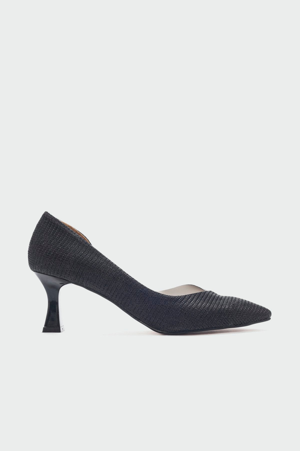 Vera Black Glitter Pointed Toe Pump – detail view showing leather, glitter, black, Vowalisse